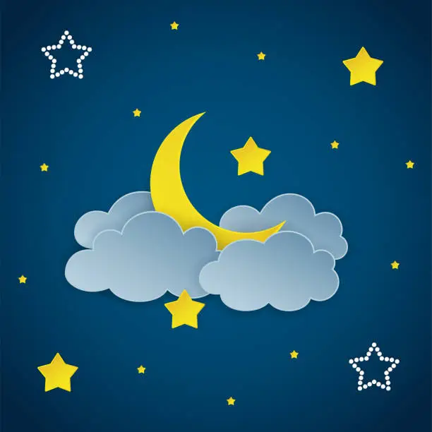 Vector illustration of Dark night sky background with clouds, stars and crescent moon. Vector Illustration.