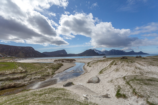 Haukland beach on Lofoten Islands in may