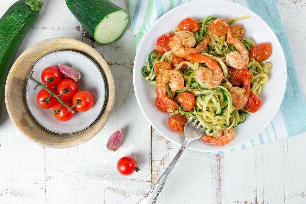 istock Zucchini spaghetti sauteed with cherry tomato and prawns on white table 909987270