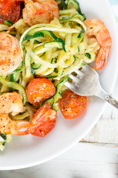 istock Zucchini spaghetti with cherry tomato and prawns close up 909987350