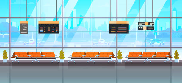 ilustrações de stock, clip art, desenhos animados e ícones de waiting hall or departure lounge modern airport interior terminal - vector blue airport arrival departure board