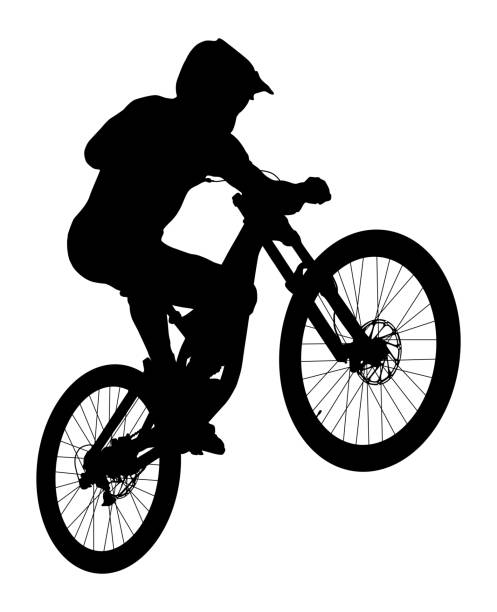 прыжок спортсмен всадник mtb - mountain biking silhouette cycling bicycle stock illustrations