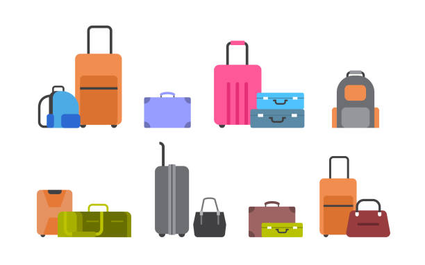 illustrazioni stock, clip art, cartoni animati e icone di tendenza di valigie, borse e zaini set di icone isolato diversa raccolta bagagli - trolley