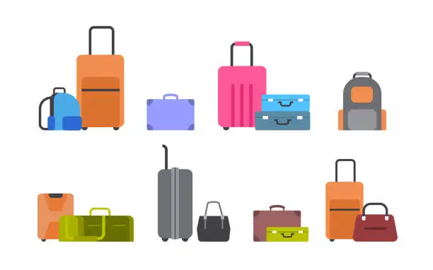 Vector illustration of Suitcases, Bags And Backpacks Set Of Icons Isolated Different Baggage Collection