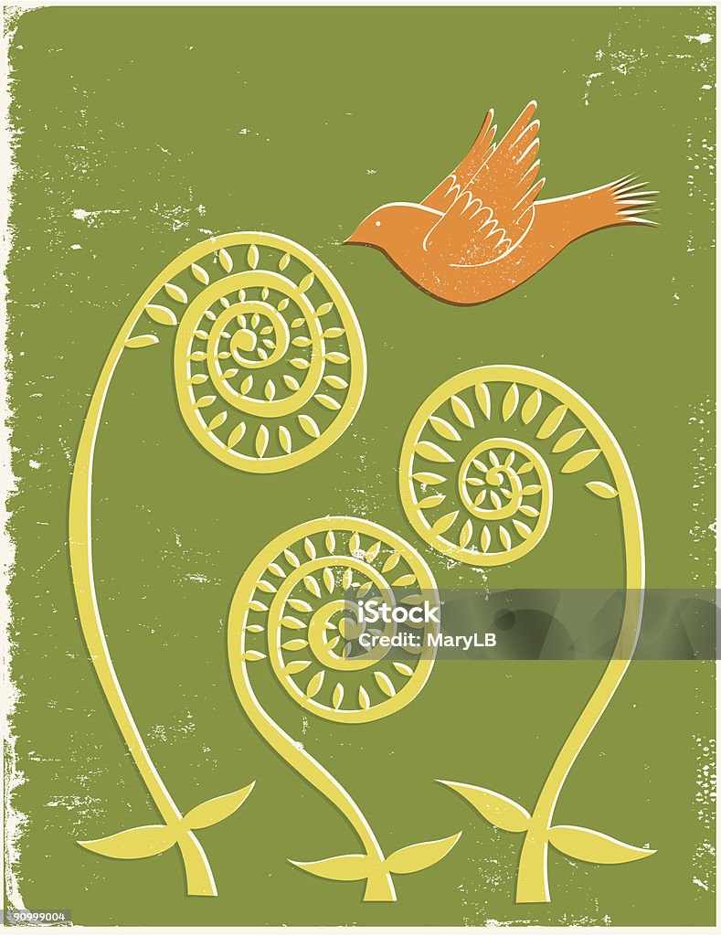 Fiddlehead ferns avec oiseau - clipart vectoriel de Crosse de fougère libre de droits