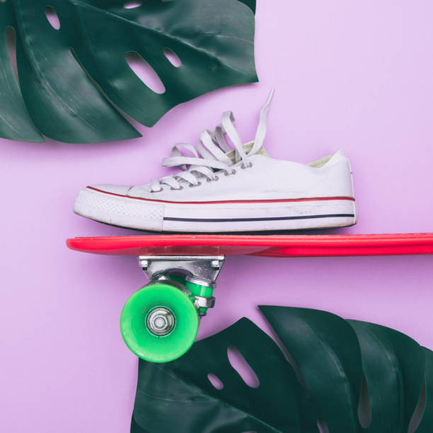 istock sneaker on orange skateboard with palm 909993862