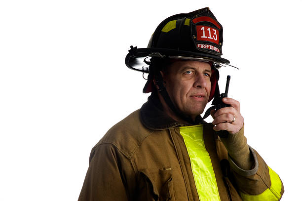 Firefighter calls for back-up stock photo