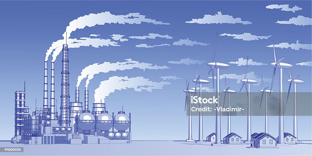 Concepto de la industria: Planta, turbinas eólicas & casas - arte vectorial de Aerogenerador libre de derechos