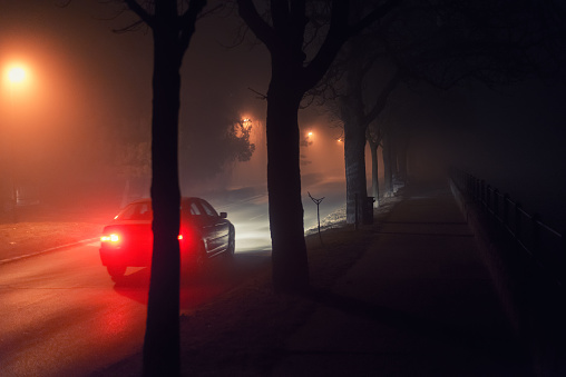 Vintage street lamps in the fog, mist. City landscape. Kyiv. Ukraine