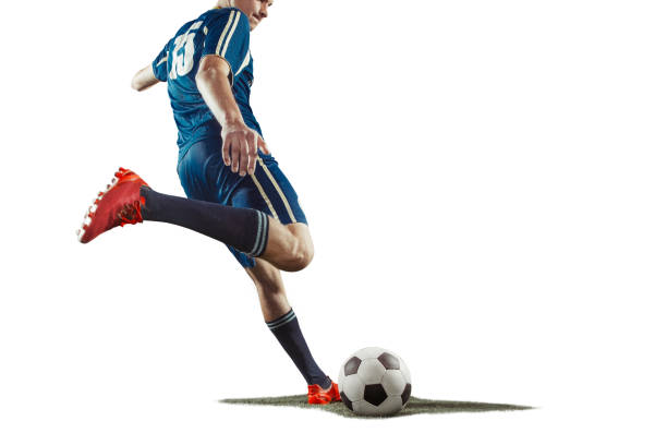 one caucasian soccer player man isolated on white background