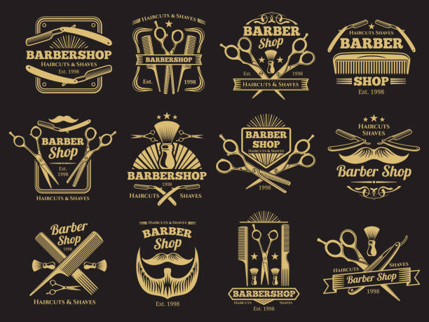 Old golden barbershop vector emblems and labels. Vintage male haircut signs illustration