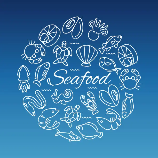 Vector illustration of Seafood line banner with fish shrimp oyster