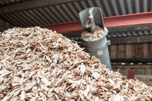 pila de astillas de madera para calderas de biomasa - giant boilers fotografías e imágenes de stock