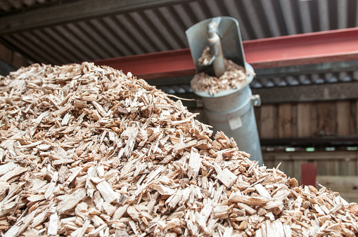 Close-up of a large stack of wood chips in a hopper, for use in a heating boiler, with an automated auger above the stack.