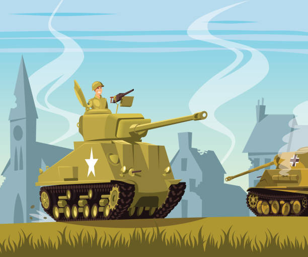 ilustraciones, imágenes clip art, dibujos animados e iconos de stock de americanos del tanque en campo de batalla de segunda guerra mundial - allied forces illustrations