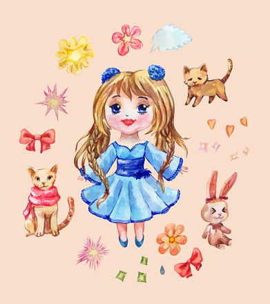 Set of anime stickers drawn in watercolor. Collection of chibi girl, pets and funny elements like a bow, stars, speach cloud