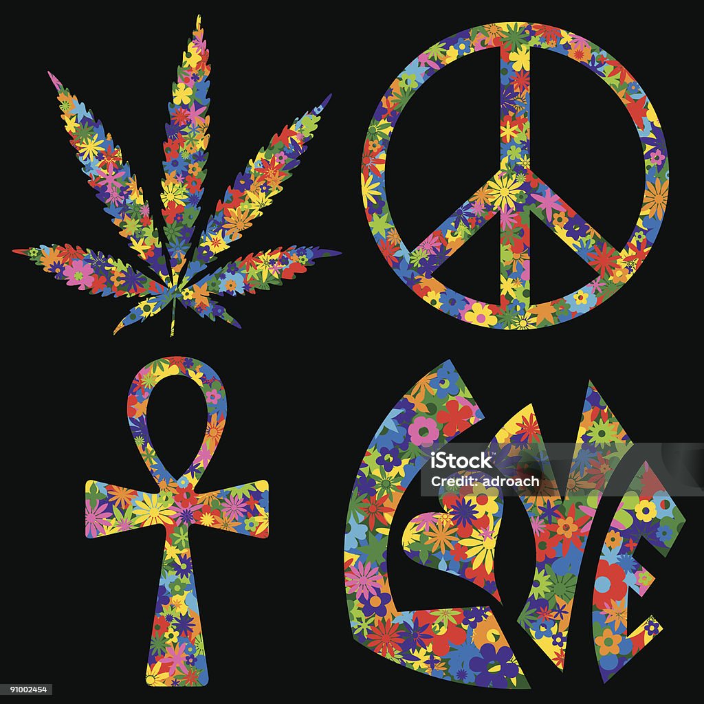 Four Flower Filled 60s Symbols  Peace Sign - Gesture stock vector