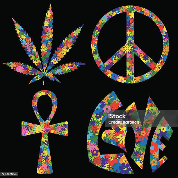 Four Flower Filled 60s Symbols Stock Illustration - Download Image Now - Peace Sign - Gesture, Symbols Of Peace, Peace Symbol