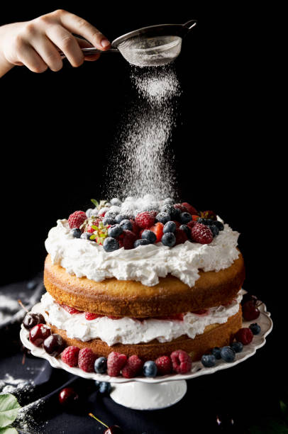 istock Beautiful, fruit naked cake on a dark tablecloth 910030308