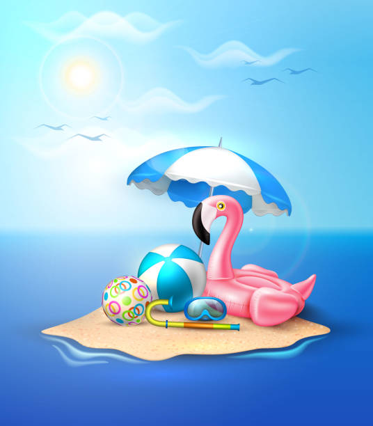 ilustrações de stock, clip art, desenhos animados e ícones de vector flamingo inflatable pool ring on beach - swimming pool party summer beach ball