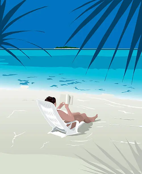 Vector illustration of Girl relaxing and reading on a secluded beach