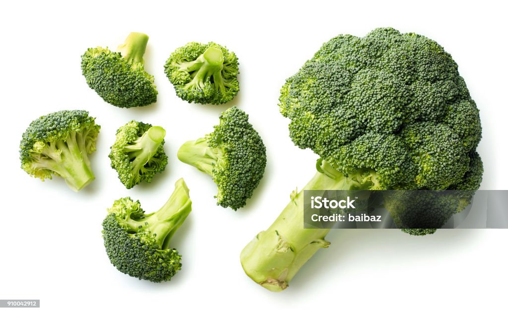 Fresh broccoli on white background Fresh broccoli isolated on white background. Top view Broccoli Stock Photo