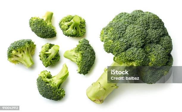Fresh Broccoli On White Background Stock Photo - Download Image Now - Broccoli, White Background, High Angle View