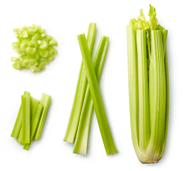 Fresh sliced celery isolated on white background. Top view