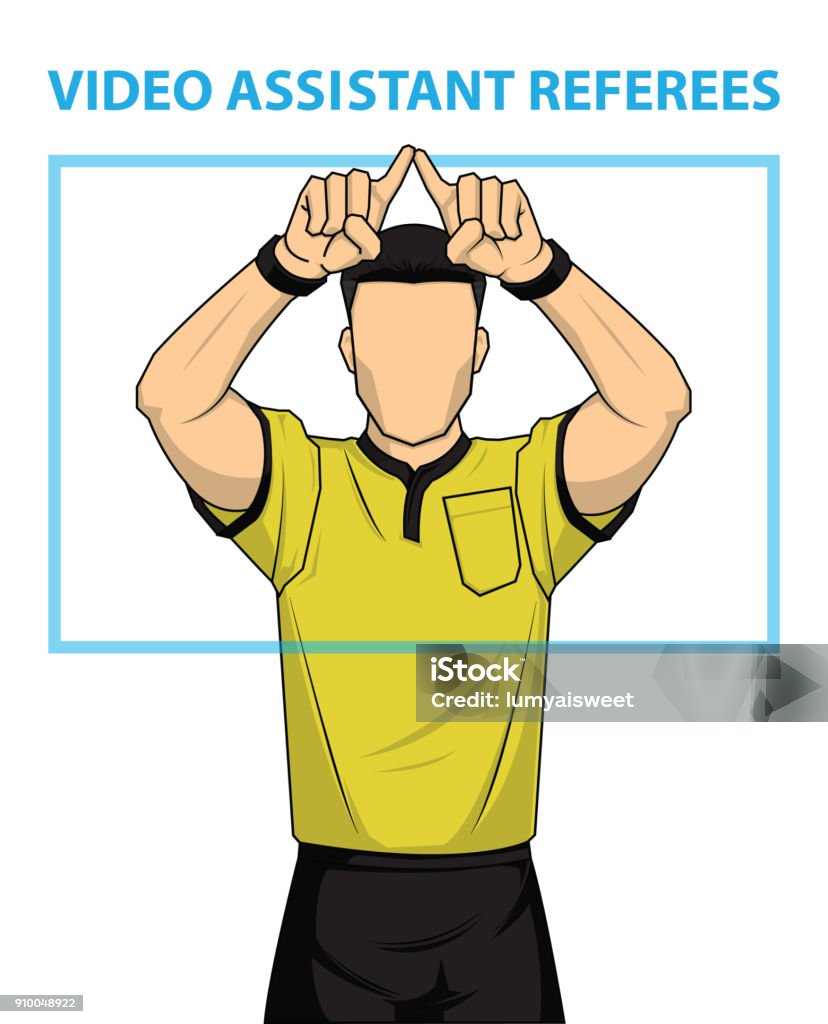 Football referee shows video assistant referees action. Football referee shows video assistant referees action. Vector illustration. Var stock vector