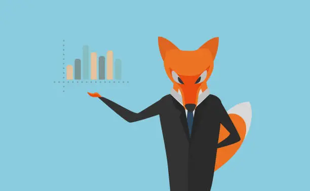 Vector illustration of Vector Illustration. The Fox as Manager in Dark Suit Presenting a Column Graph. Usable for Brochures, Infographic, Corporate Graphic etc. Flat Design.