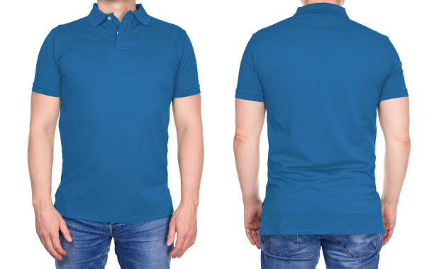 T-shirt design - man in blank light blue polo shirt isolated T-shirt design - young man in blank light blue polo shirt from front and rear isolated short sleeved stock pictures, royalty-free photos & images