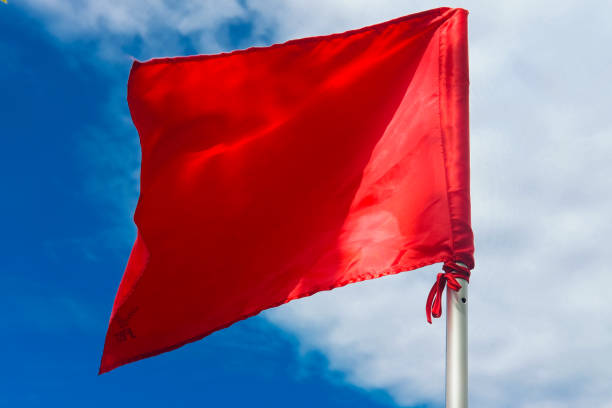 istock Red warning flag at the beach with blue sky background 910053470