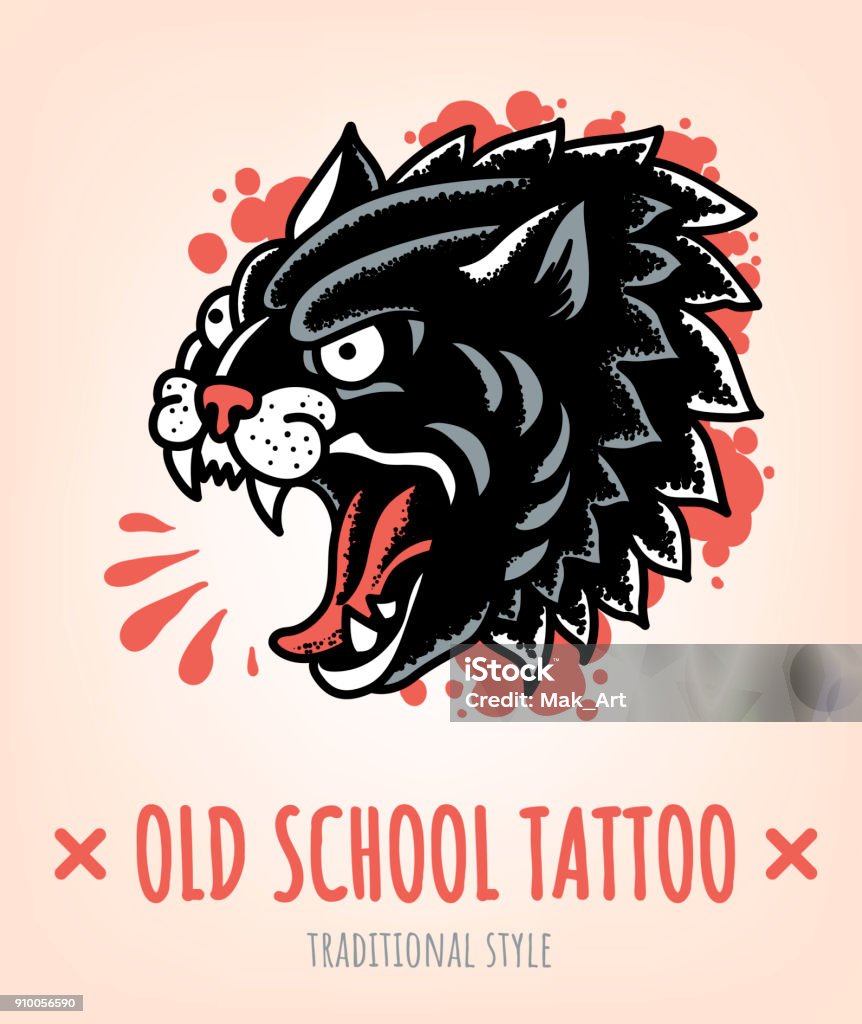 Wilde Katze Old School Tattoo traditionellen Stil - Lizenzfrei Tätowierung Vektorgrafik