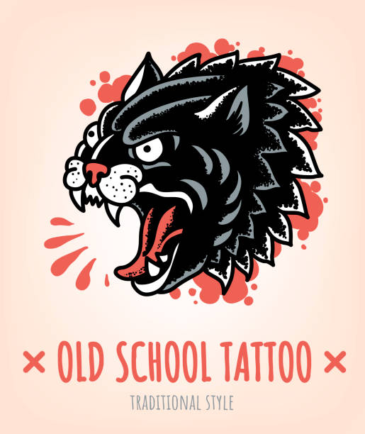 Wild Cat Old School Tattoo Traditional Style Stock Illustration - Download  Image Now - Tattoo, Tiger, Old - iStock