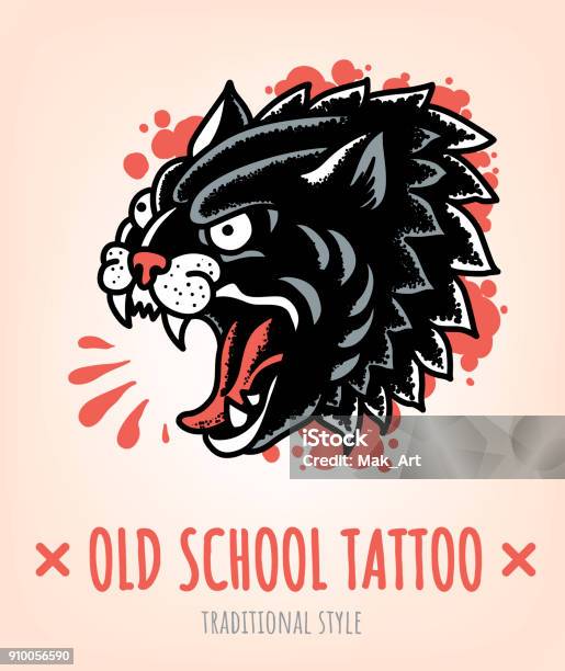 Wild Cat Old School Tattoo Traditional Style Stock Illustration - Download Image Now - Tattoo, Tiger, Old