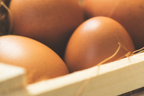 Brown eggs in wooden crate