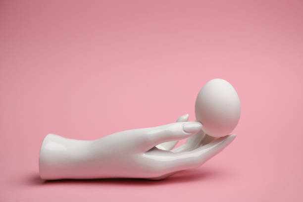 istock Easter white egg in the white hand of the dummy on a pink backgr 910061678