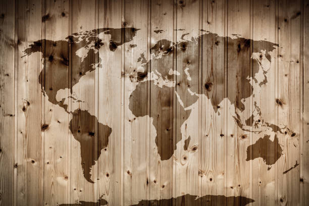 World map on wooden wall. Retro wood planks. Vintage