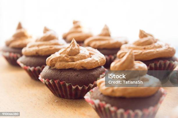 Beautiful Background With Chocolate Cupcakes Cupcakes With Cream Sweet Dessert Stock Photo - Download Image Now