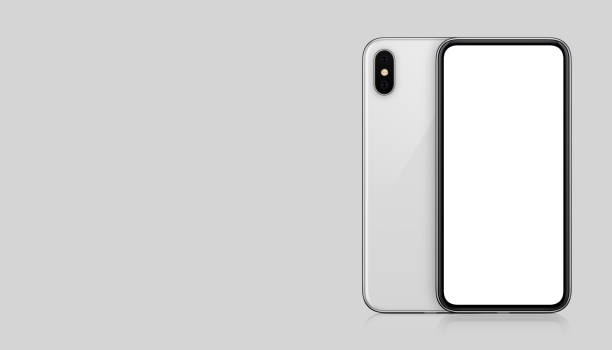 istock New modern white smartphone mockup front and back sides on gray background with copy space 910066422