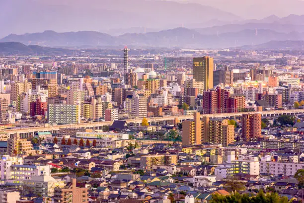 Kumamoto, Japan downtown cityscape at twilight.