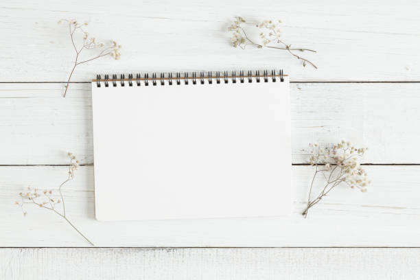 istock Flat lay photo of blank whtie notebook on whtie table 910081006