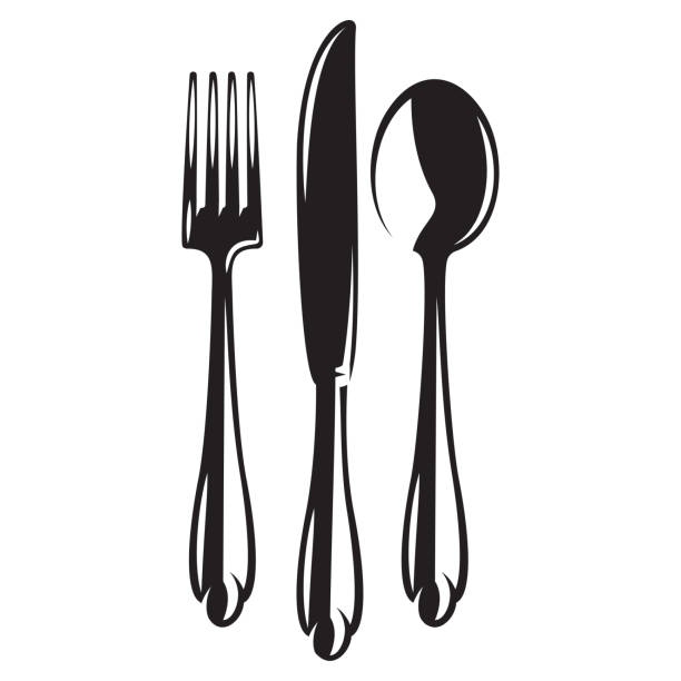 vector monochrome set of cutlery - fork spoon knife. - ilustração de arte vetorial