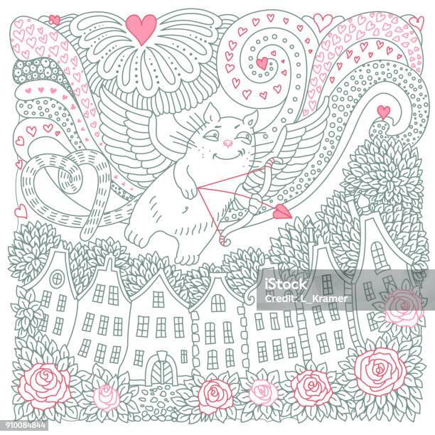 Vector Valentine Day Card Flying Cupid Cat Hearts Rose Flower House Silhouette Adults And Children Coloring Book Square Page Hand Drawn Contour Thin Line Black And White Sketch Tshirt Print Batik Stock Illustration - Download Image Now