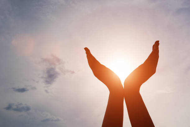 Raised hands catching sun on sunset sky. Concept of spirituality, wellbeing, positive energy Raised hands catching sun on sunset sky. Concept of spirituality, wellbeing, positive energy etc. forgiveness photos stock pictures, royalty-free photos & images