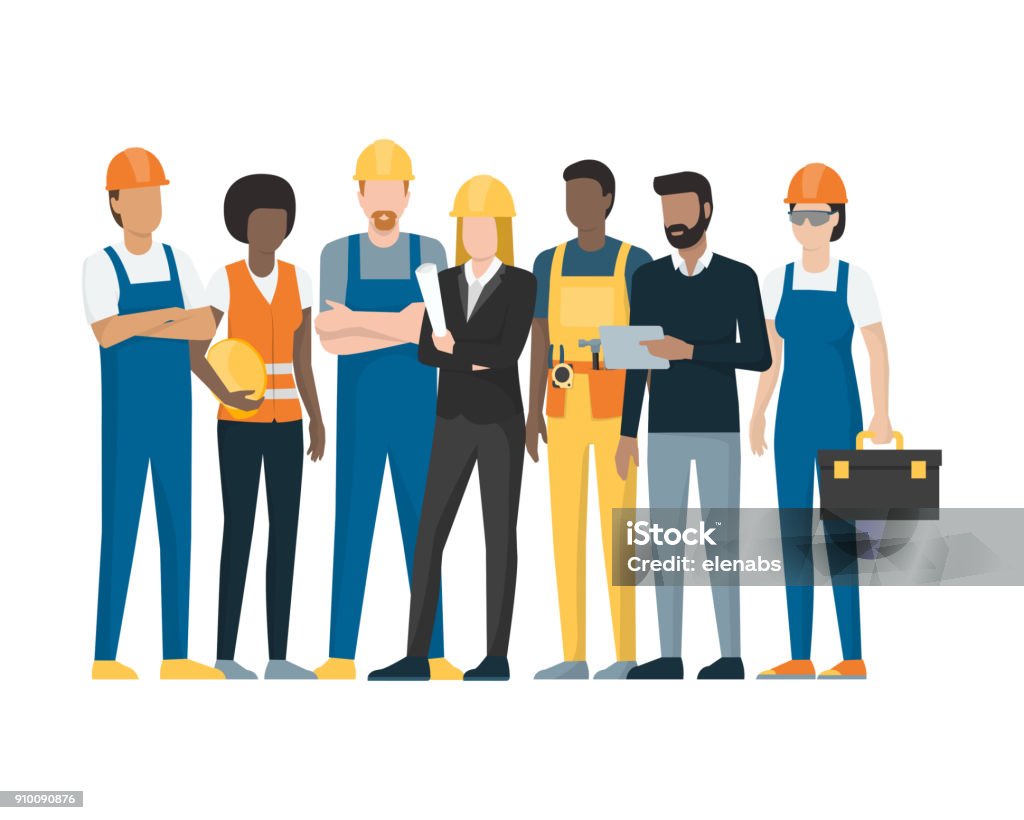 Construction workers and engineers Construction workers and engineers standing together, construction industry concept Construction Worker stock vector
