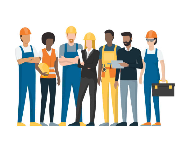 Construction workers and engineers Construction workers and engineers standing together, construction industry concept employee illustrations stock illustrations