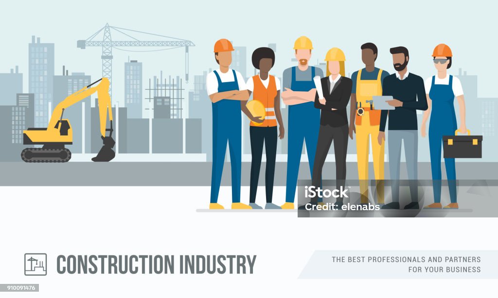 Construction workers and engineers Construction workers and engineers posing together at the construction site, machinery and crane on the background Construction Industry stock vector