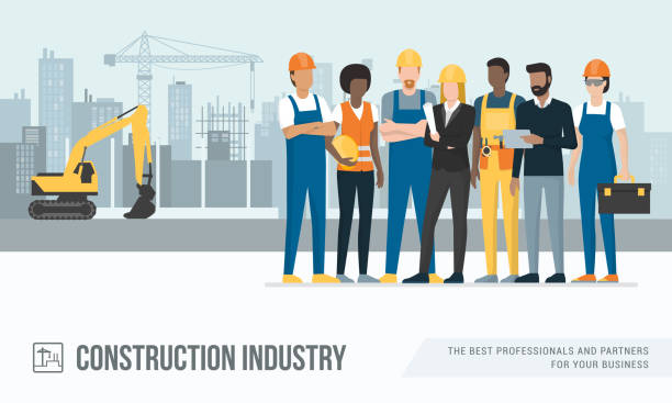 Construction workers and engineers Construction workers and engineers posing together at the construction site, machinery and crane on the background building contractor illustrations stock illustrations
