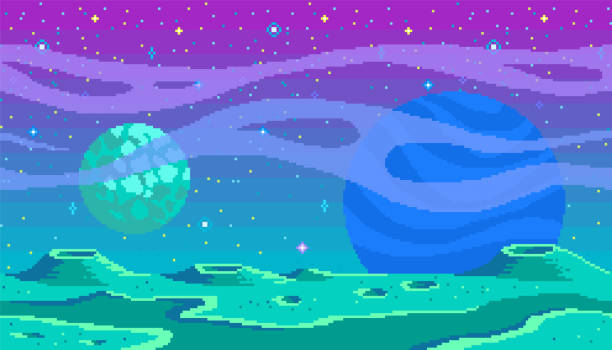 Pixel art game location. Pixel art game location. Cosmic area,someone planet surface. Seamless vector background moon backgrounds stock illustrations
